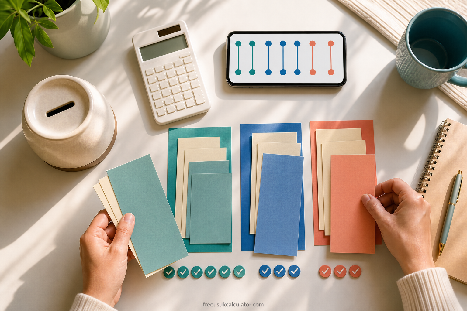 Weekly and biweekly savings challenge options arranged beside a goal jar and recurring contribution envelopes.